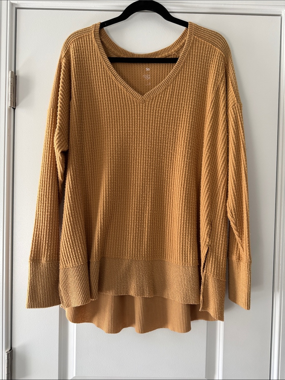 SO Women’s V-Neck Waffle Knit Sweater - Mustard